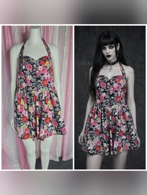 HELL BUNNY Dia de Los Muertos Sugar Skull Fit Flare Halter Dress Size Large